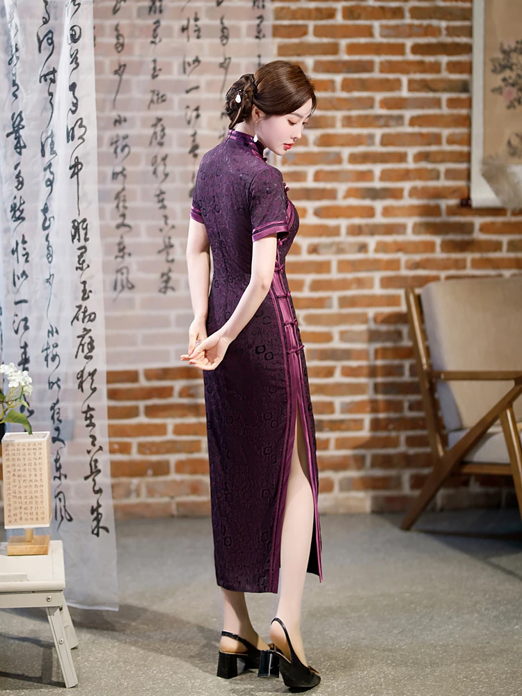 Yourqipao Summer 2023 Long Slim Silk Purple Cheongsam Catwalk Banquet Chinese Style Wedding Evening Dress for Women Dinner Party