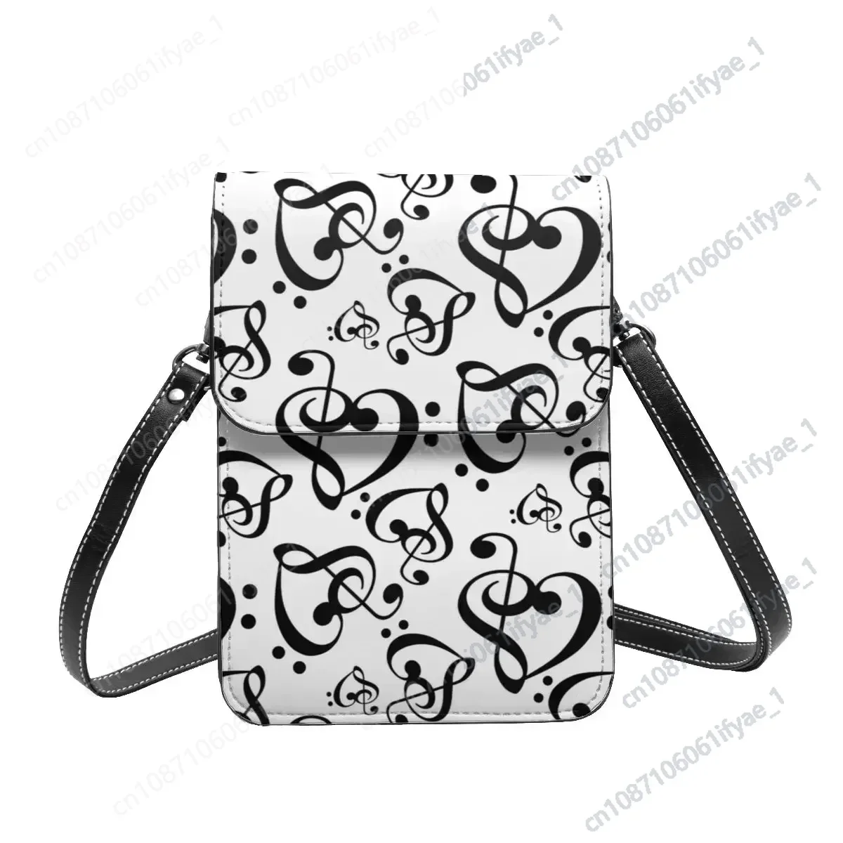 Hearts Music Notes Pattern Shoulder Bag Black And White Clef Reusable Leather Travel Mobile Phone Bag Woman Gifts Bags