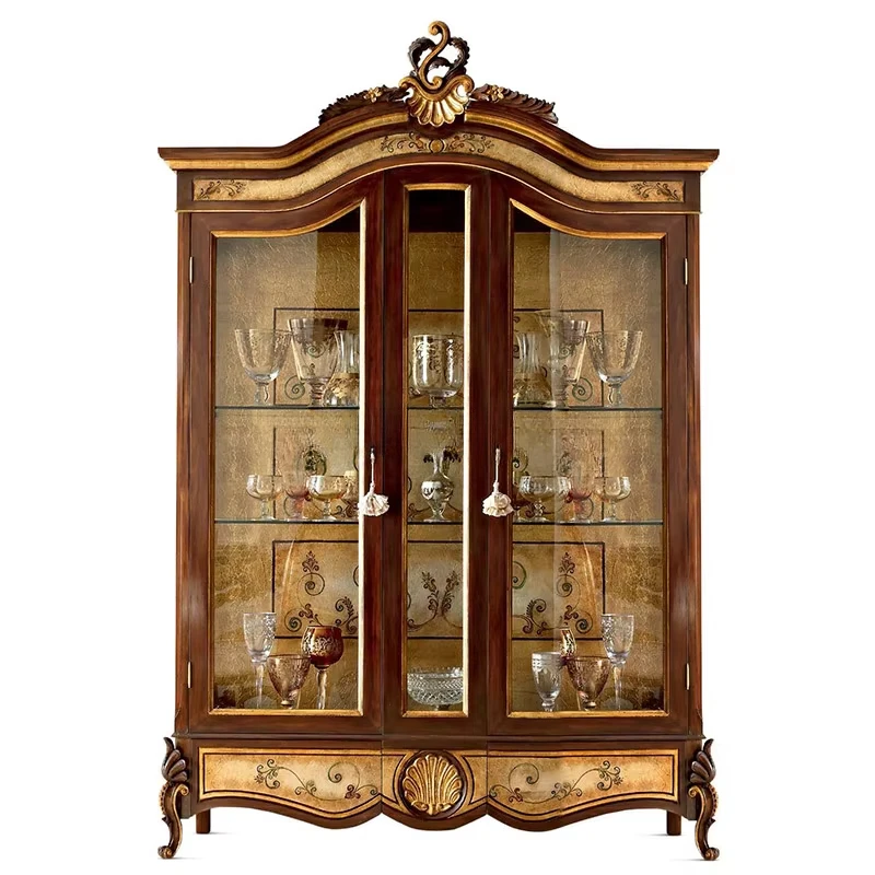 Gold display gorgeous living room furniture gold carved glass ceramic solid wood luxury baroque glass cabinet