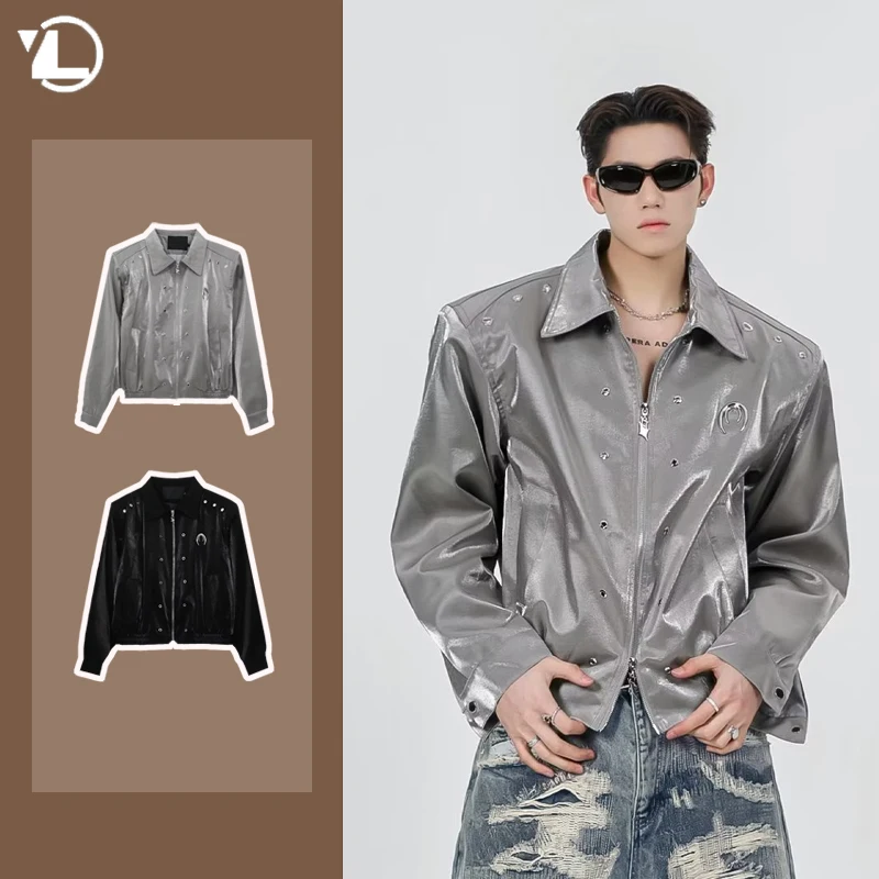 

Street Punk Mens Jacket New 2024 High Street Liquid Metal Label Design Short Loose Coats Fashion Motorcycle Outwear Trendy