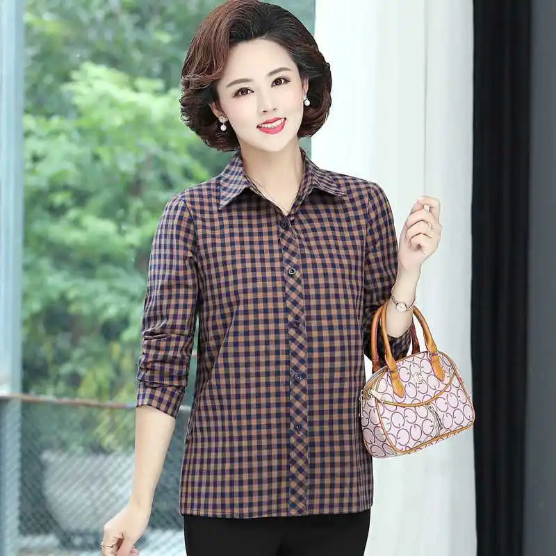

Women's Mid-aged Plaid irt Long Sve Ne Design Spring Faion Ladies' Premium Clothing Other 00% Material