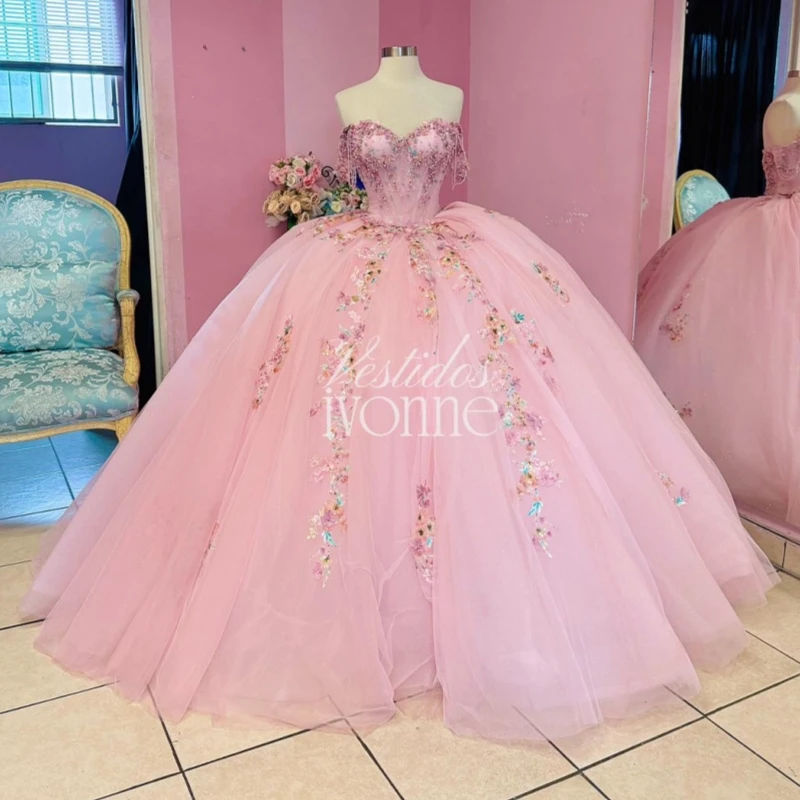 

Pink Shiny Quinceanera Dresses Ball Gown Off The Shoulder Applique Flower Beading Tull Corset Party Birthday Sweet 16 Dress