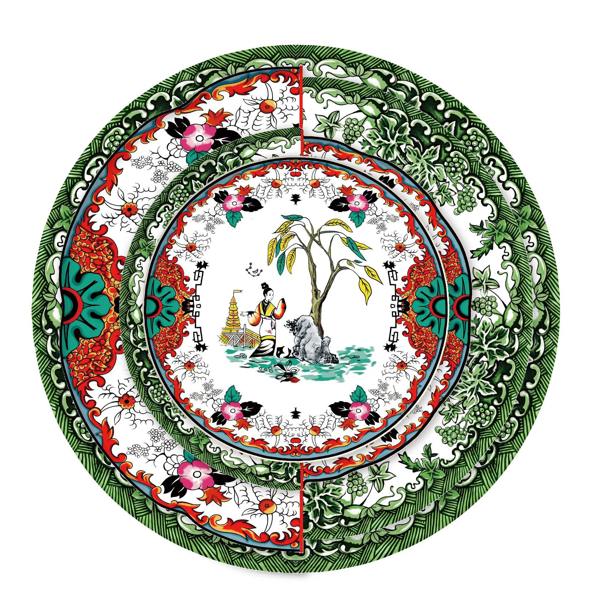 

4-piece set European classical bone porcelain plates Colorful green leaves cartoon characters ceramic plate