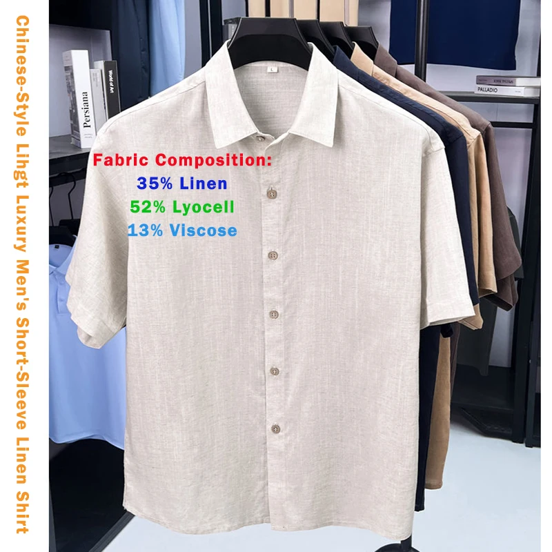 

2026 Summer Lightweight Bean Green Linen Short-Sleeve Shirt for Men,Navy Blue Chinese-Style Breathable Casual Linen Mens T-Shirt
