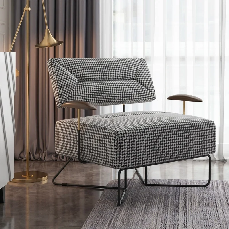 Nordic light luxury lazy sofa single thousand bird grid walnut color solid wood living room hotel reception simple leisure chair