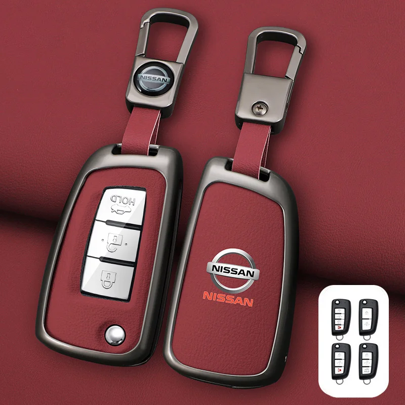 New Zinc Alloy +Leather Car Key Case Cover Shell Fob For Nissan X-Trail Qashqai J11 Juke Murano Micra Tiida Maxima Altima Kicks