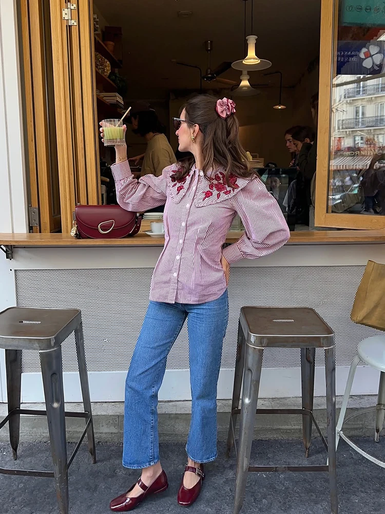 Besticktes Karohemd mit Taillenschnürung für Damen, Elegante Bluse mit Revers, Langen Ärmeln und Einreihiger Knopfleiste, Schlanke Passform, Neue Bürodamen-Partykleidung – Detail 6