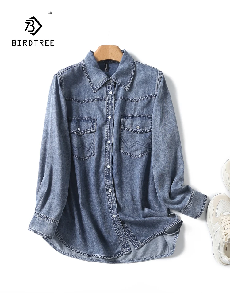 

New Spring Cotton Denim Shirt Women Lapel Long Sleeve Versatile Tops Girl Casual Vintage OL Commute Blouse 2024 Autumn T43088QC