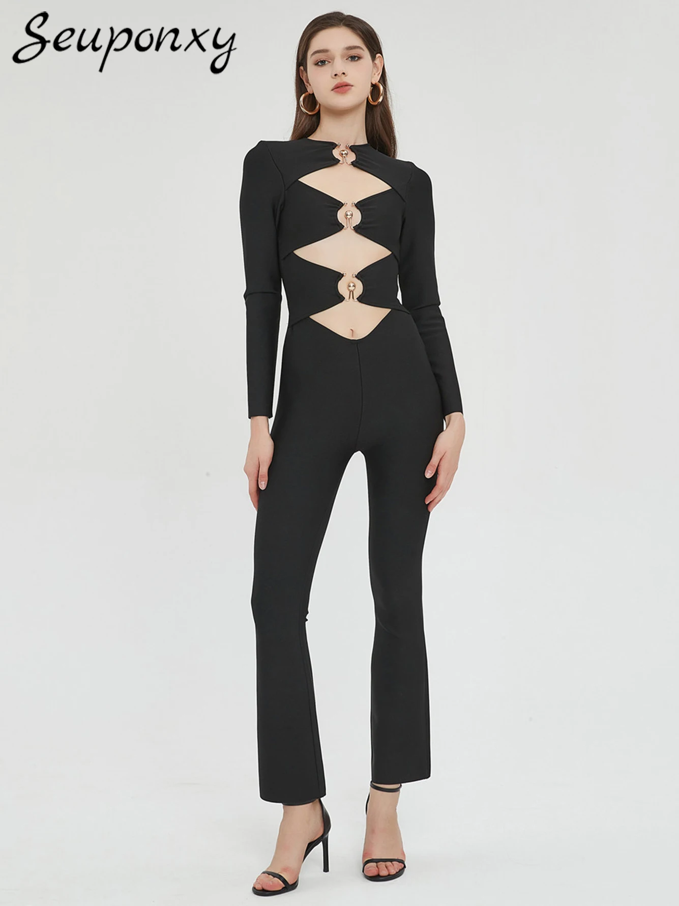 

High Quality 2023 Autumn/Winter New Fashion Women'S Black Bandage Flare Jumpsuit Sexy O-Neck Long Sleeved Hollow Party Jumpsuit