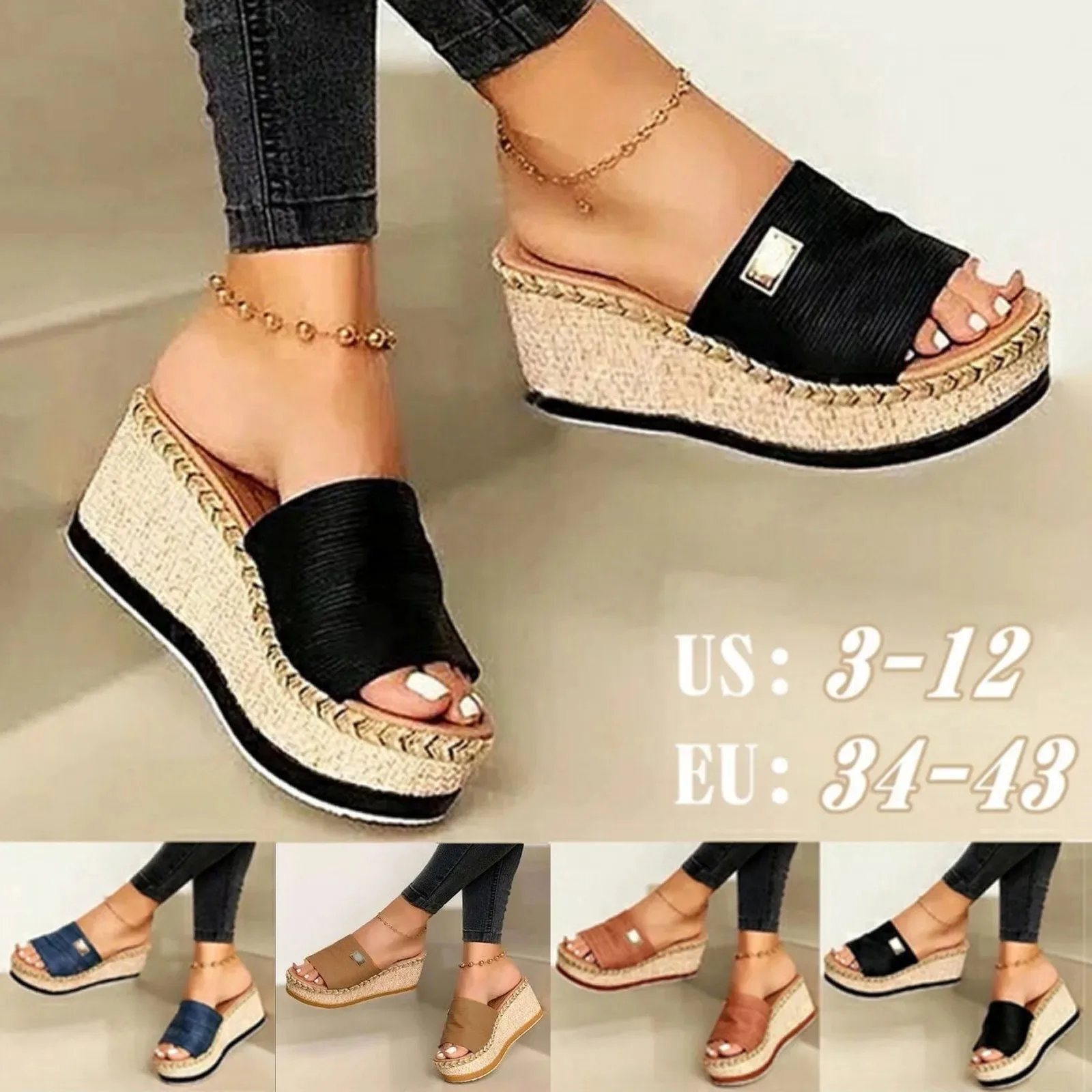 

Women's Fashion Slipper Causal Flip Flops Summer Wedges Woven Straw Shoes Women Walking Flat Espadrille Bedroom Flats Slippers