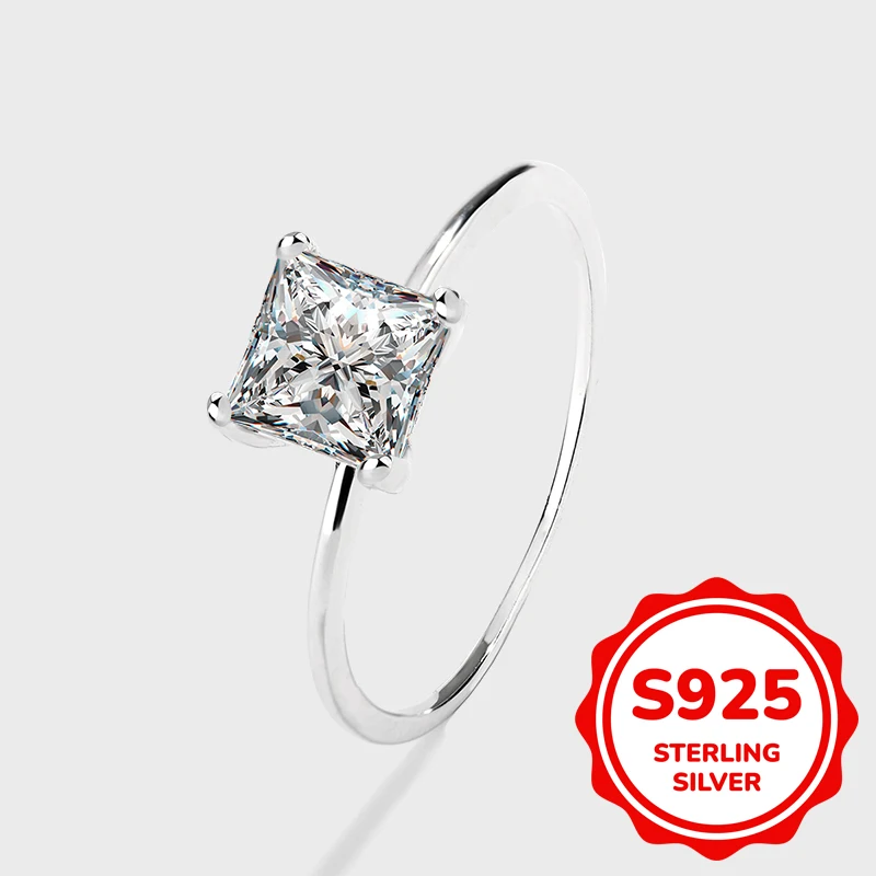 

Classic genuine S925 sterling silver four-claw square full diamond ring for women engagement gift jewelry