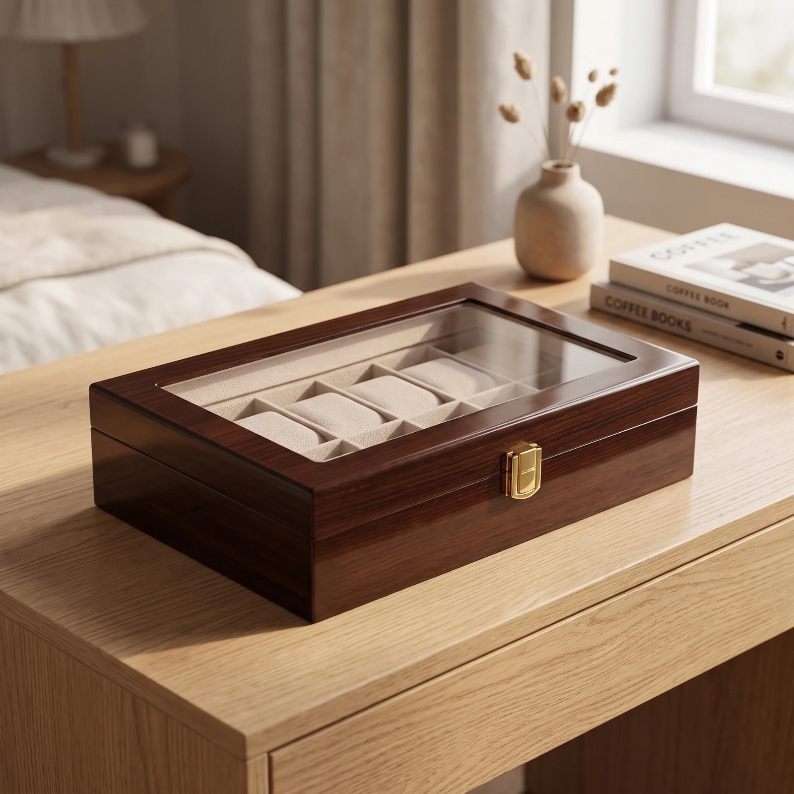 Watch Storage Box with Drawer Clear Wooden Watch Organizer with Glass Window Glossy Rectangular for Collectors, Dresser