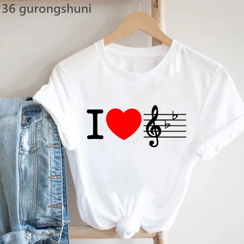 Rainbow Music Note Print T-Shirt Women'S Clothing Funny White Tshirt Femme Music Lover T Shirt Female Harajuku Shirt Streetwear