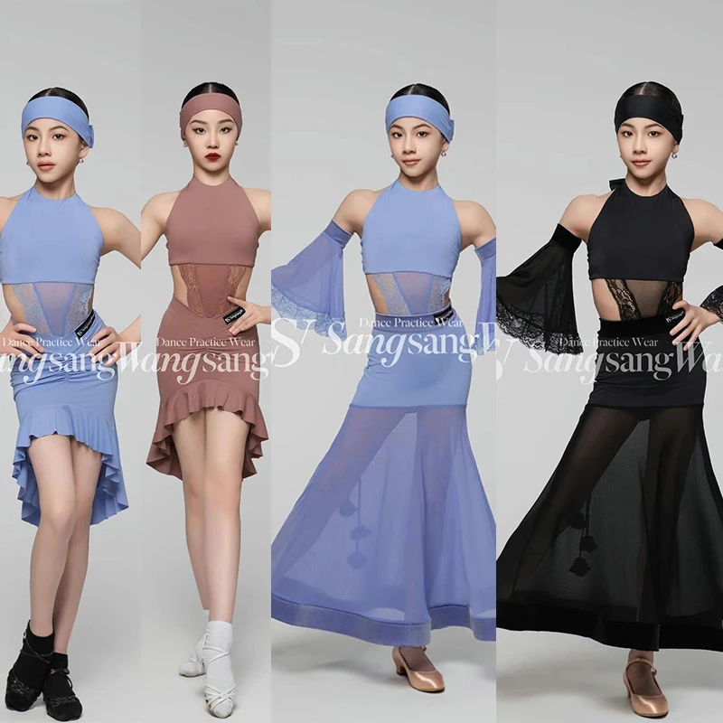 

New Girls Latin Ballroom Dance Clothes Lace Leotards Fishtail Skirt Ballroom Skirt Practice Wear Competition Dresses DNV22404