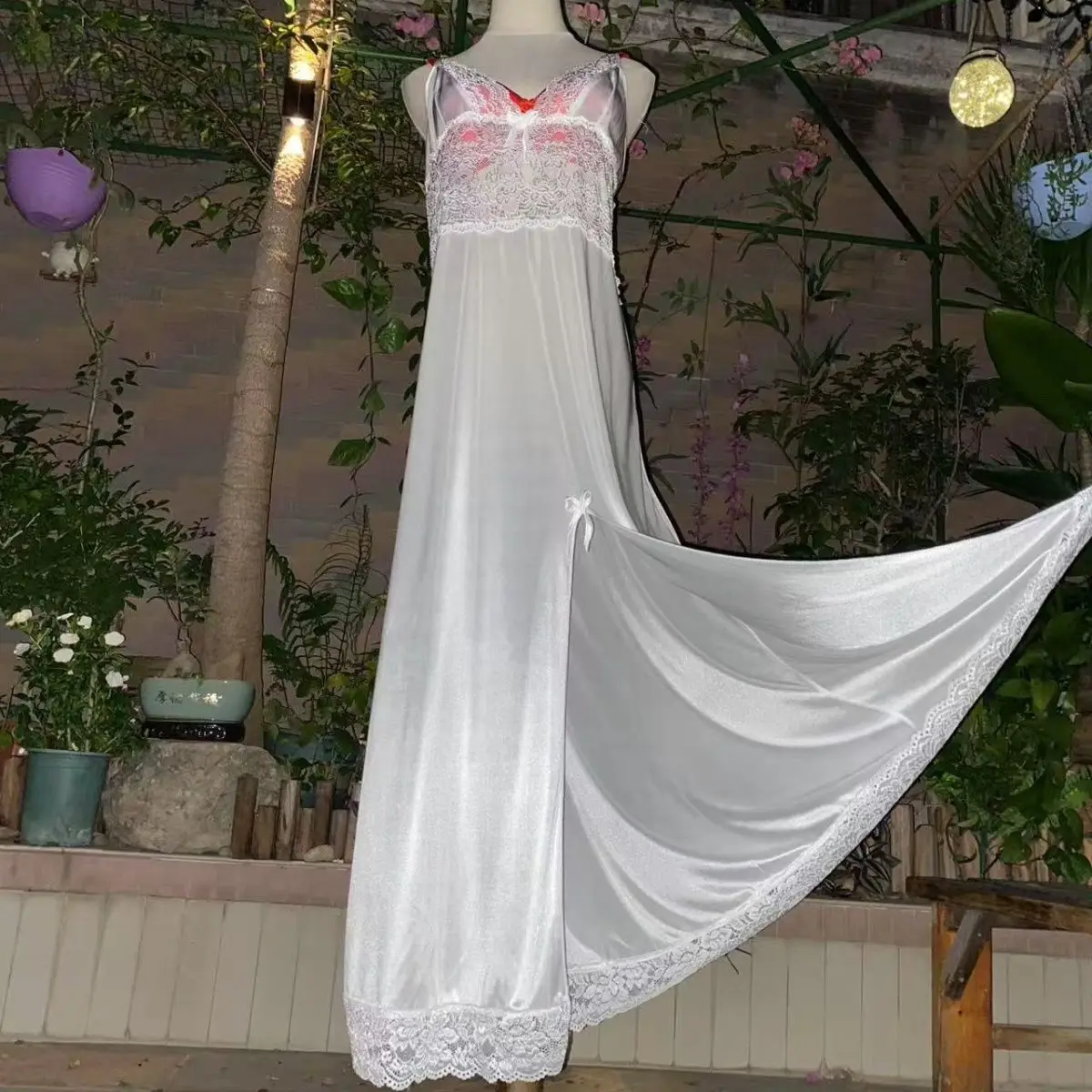 Glossy V Neck Lace Women Satin Loose Maxi Dress Sleeveless Plus Size Sexy Sleeping Robe