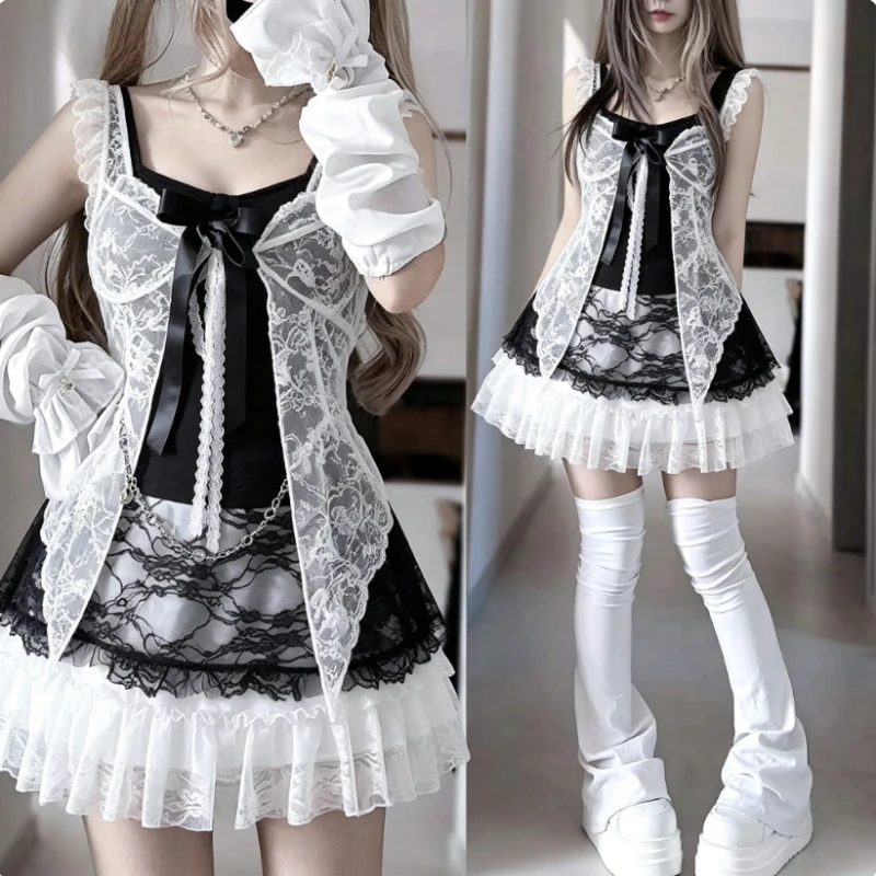Gothic Sweet Bud Mini-Kleid für Damen, Y2K Lolita Spaghetti-Trägerkleid, Harajuku Streetwear Party Club Outfits