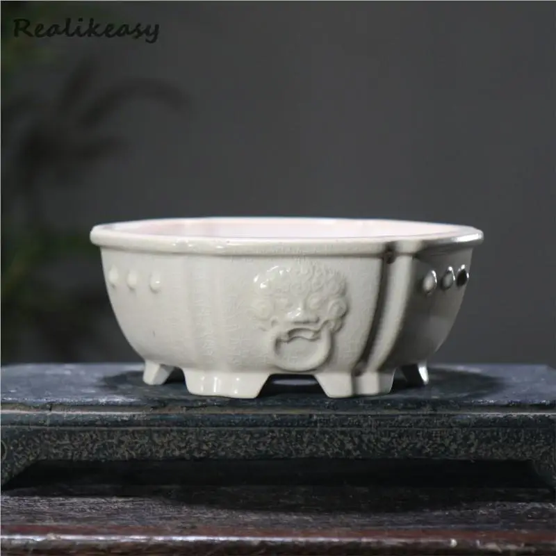 Chinese Style Yixing Purple Clay Flower Pot Ceramic Bonsai Pot Hexagonal Animal Pattern Japanese Style Cracked Flower Pot LE140