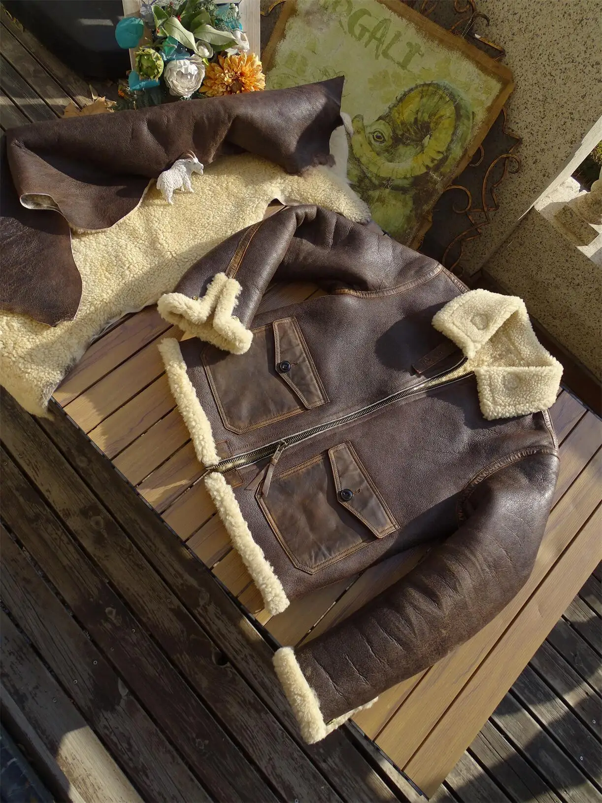 

Heavily old and wrinkled, original ecological sheepskin and fur integrated, American retro cuffs, open Qi men's genuine leathe