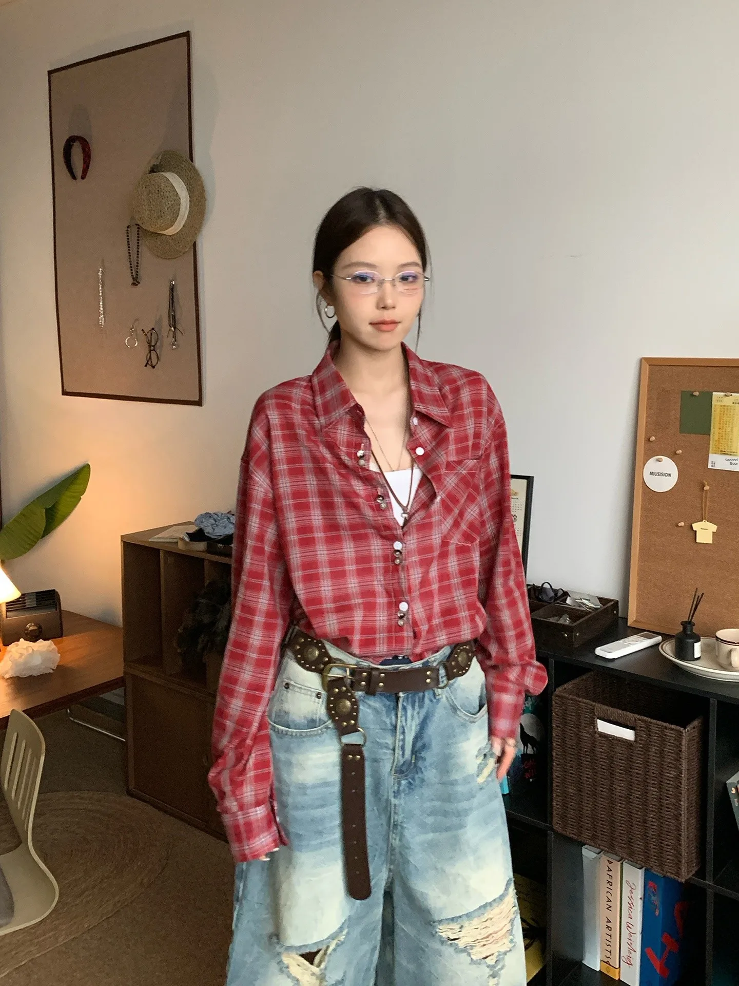 

Red Plaid Loose Casual Lightweight Long Sve irt for Women GAORAN Vintage Sle Breathable Cotton Polyester Blend Summer Top