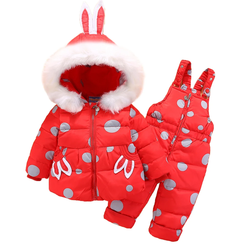 RAISE Winter Baby Girls 2PCS Set Rabbit Ear Soft Fur Hooded Infant Girl Down Jacket Snowsuits Contrast Dot Strappy Pants Outfits