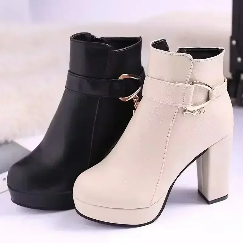

Winter Booties Women 2024 New Genuine Leather Fashion Platform Shoes for Woman High Heel Boots Dress Shiny Office Ankle Boots