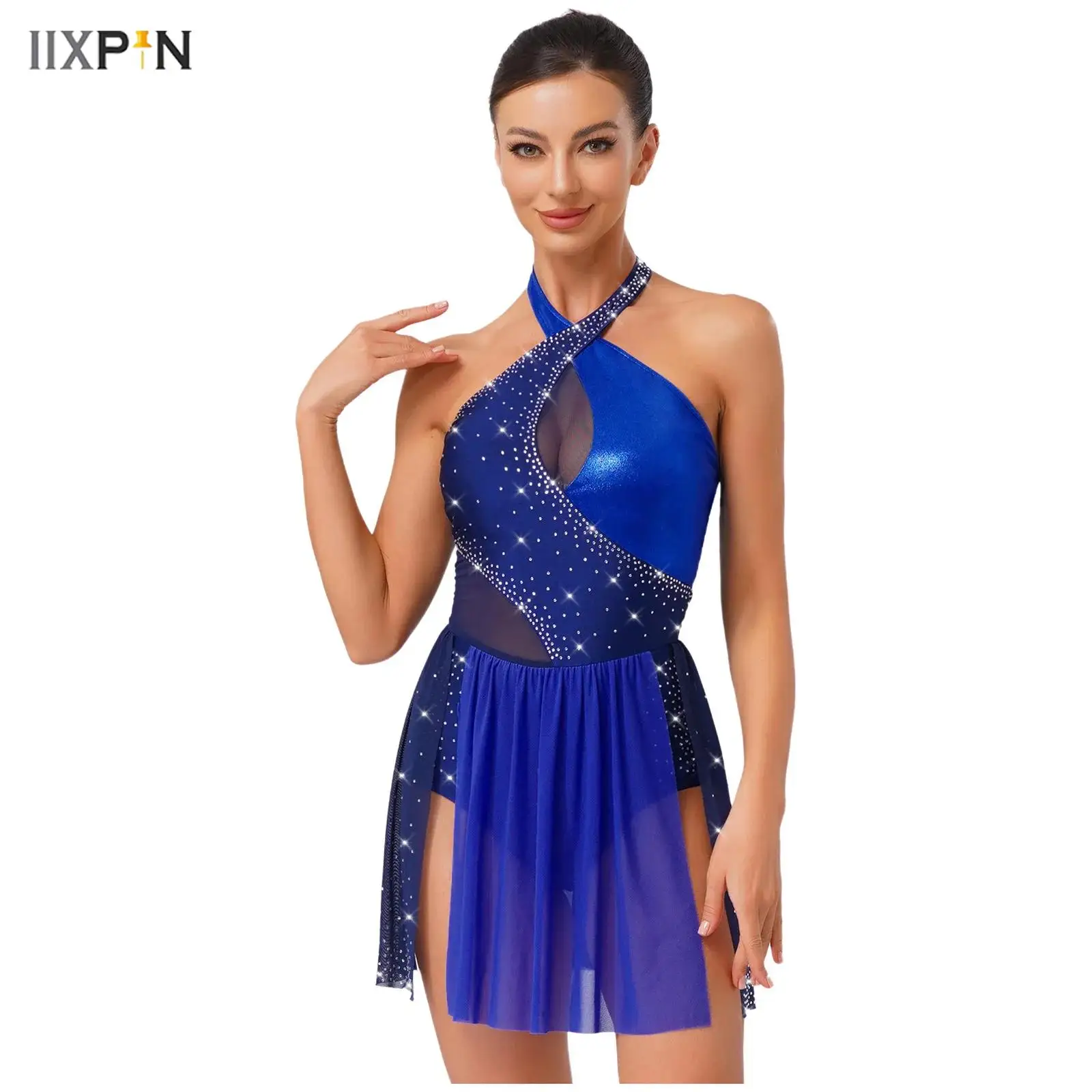 

Womens Figure Skating Leotard Halter Rhinestone Contrast Color Irregular Hem One Piece Bodysuit Ballet Dress Latin Dance Costume