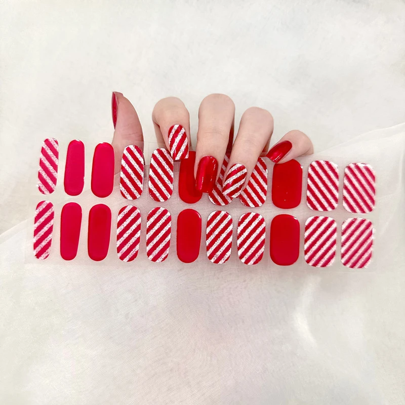 New Year Red Semi Cured Gel Nail Polish Strips Full Cover UV/LED Lamp Requirel Wraps Fingertip ArtistGirl Beauty Nails Stickers