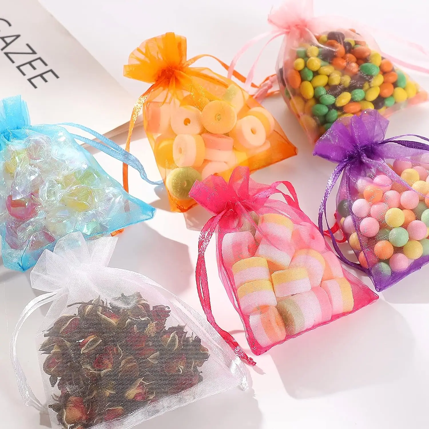 100PCS Organza Bags Mixed Color Mesh Organza Jewelry Bags Small Drawstring Favor Pouches Christmas Candy Wedding Birthday
