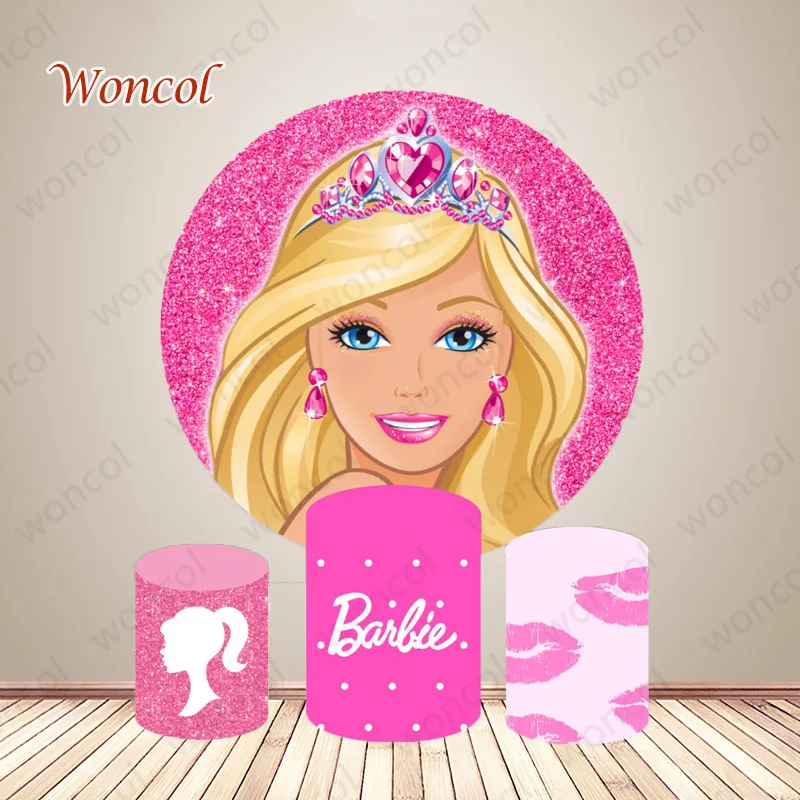 

Barbie Pink Circle Backdrop Child Birthday Baby Shower Backdrop Princess Theme Round Cover Cylinder Cover Decor Photocall Props