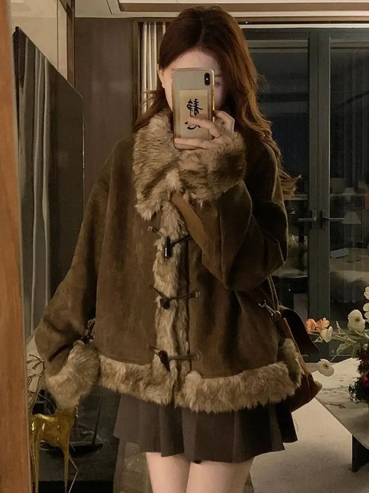 الكورية Sle ort فضفاض المرأة Jaet 2025 الشتاء الجلد المدبوغ معطف فرو الضأن مع الفراء طوق طويل Sve زر حتى معطف فوقي #5