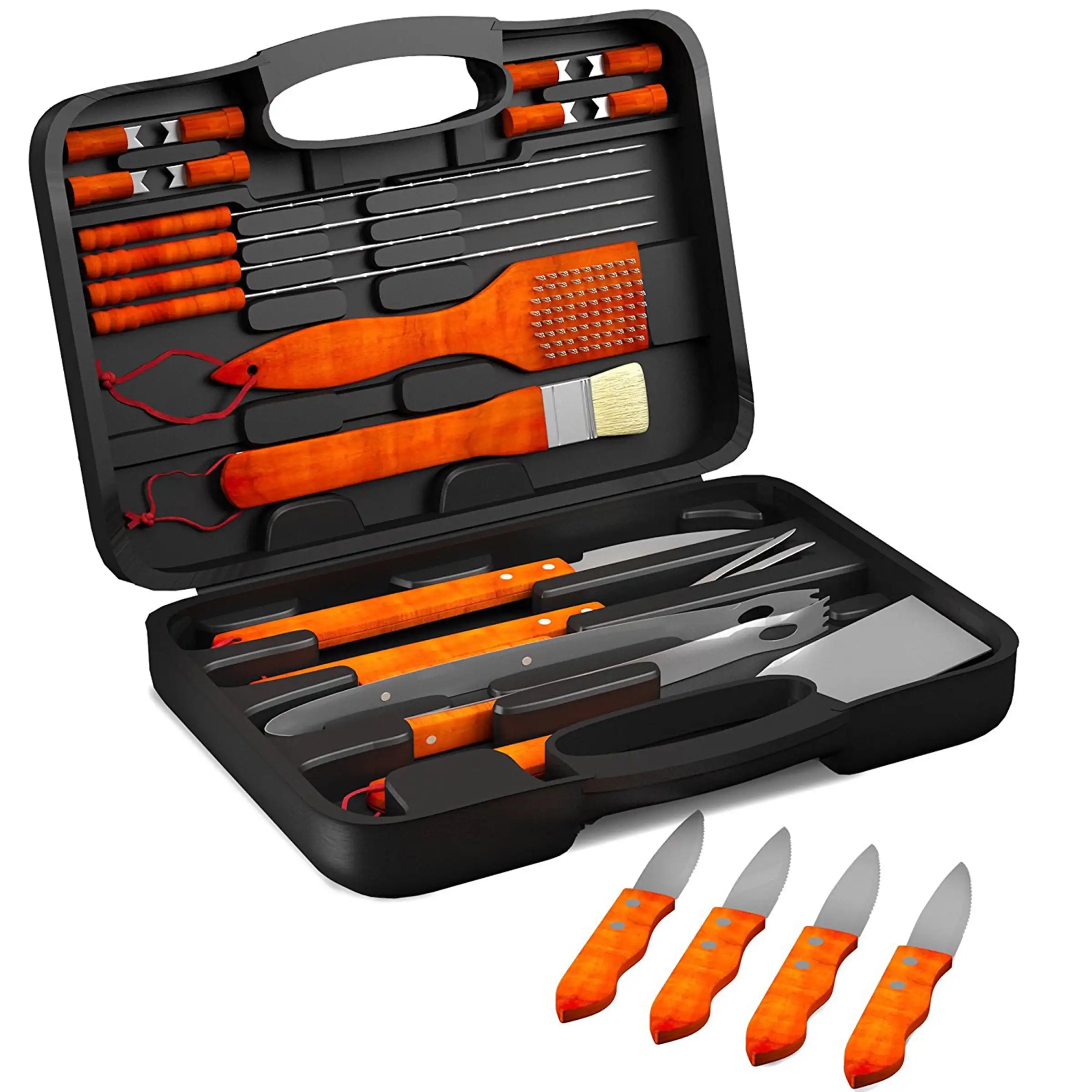

22-Piece Wooden BBQ Grill Tool Set Including Carrying Case and Four Steak Knives