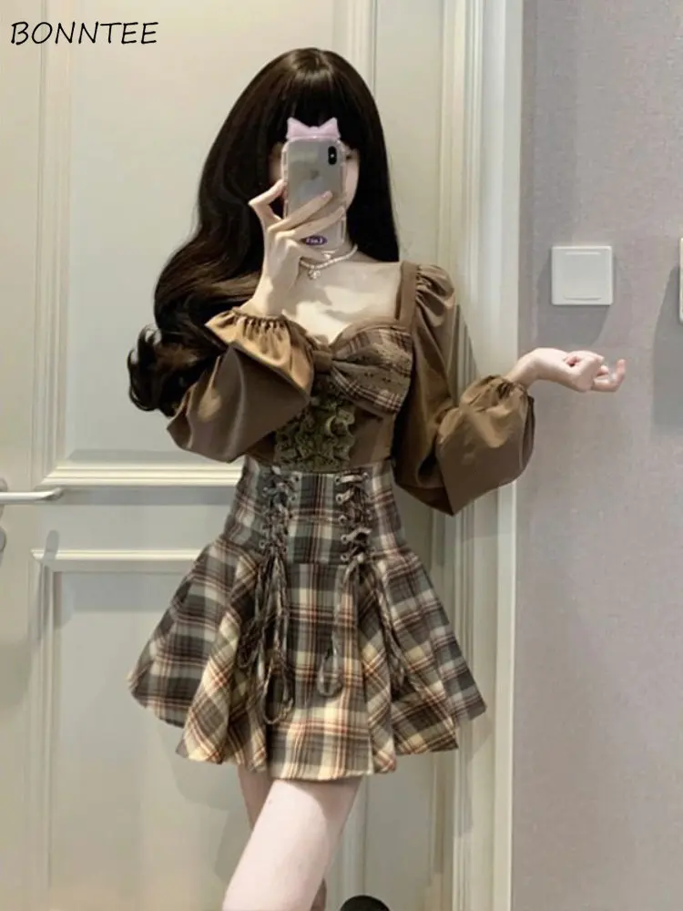 

Комплекты женской блузки и юбки в консервативном стиле, девичьи милые женские универсальные студенческие свидания, повседневные Harajuku, уличная праздничная вечеринка