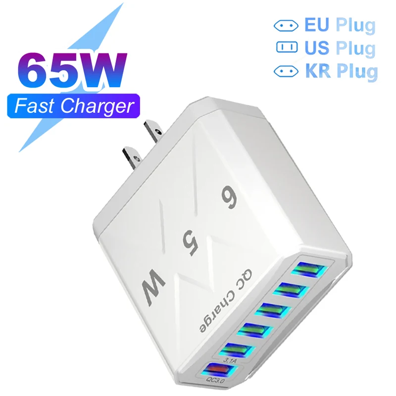 65W 6 Ports USB Charger Fast Charging QC 3.0 Travel Charger 6 in 1 For iPhone Samsung Xiaomi Phone T