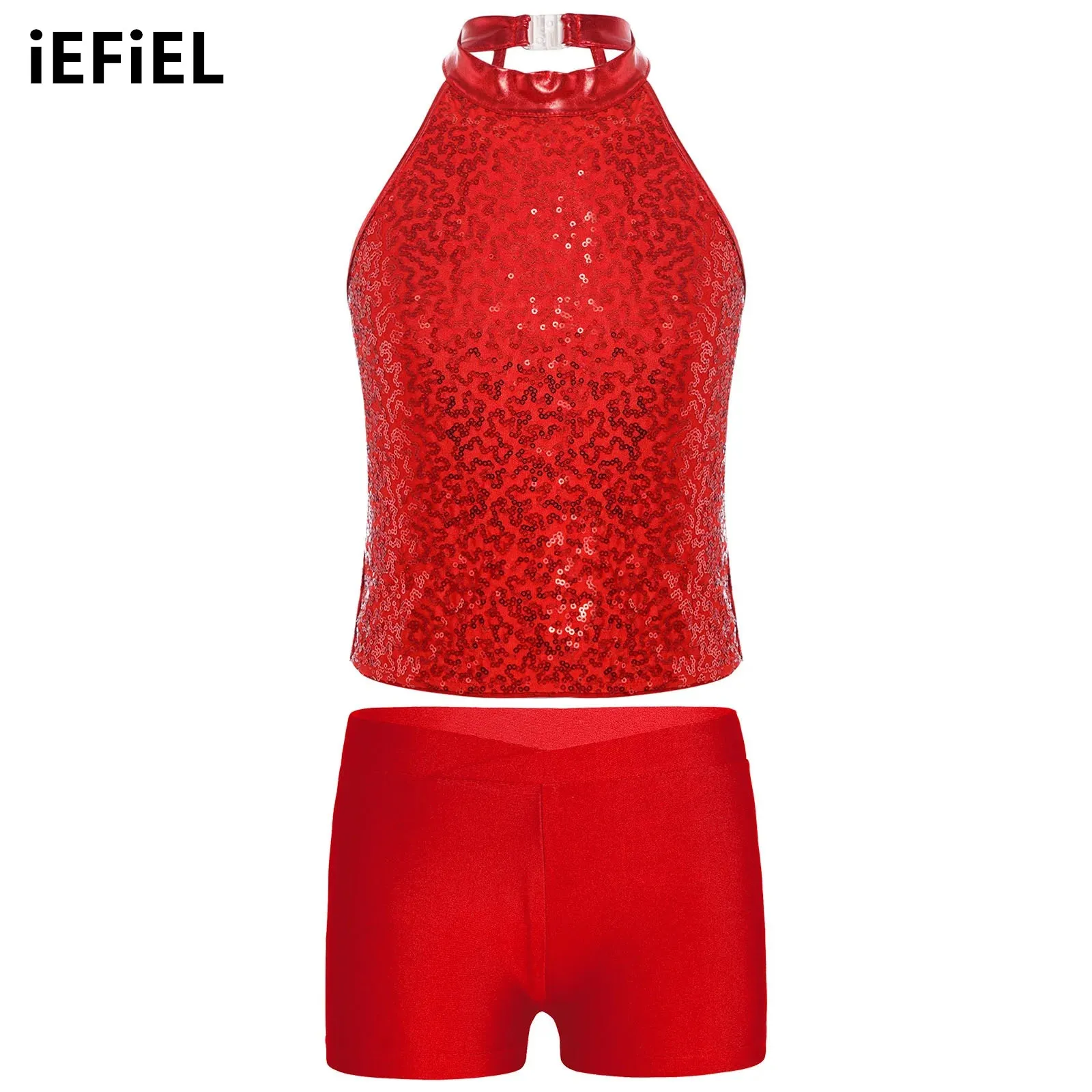 

Kids Girls Sequin Dance Set Sleeveless Halter Sequin Tops with V-front Waistband Shorts for Gymnastics Performance Competition