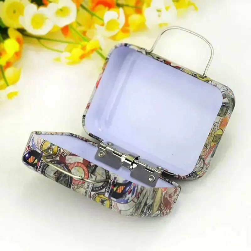 1PC Mini Suitcase Candy Boxes Small Tin Plate Gift Box Rectangular Coin Storage Container with Hinged Lids