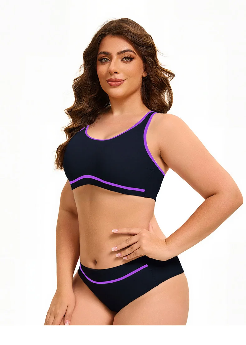 Plus Size Bikini for Women – Solid Color Sporty Top & Triangle Bottom Backless Swimsuit Set Swimwear