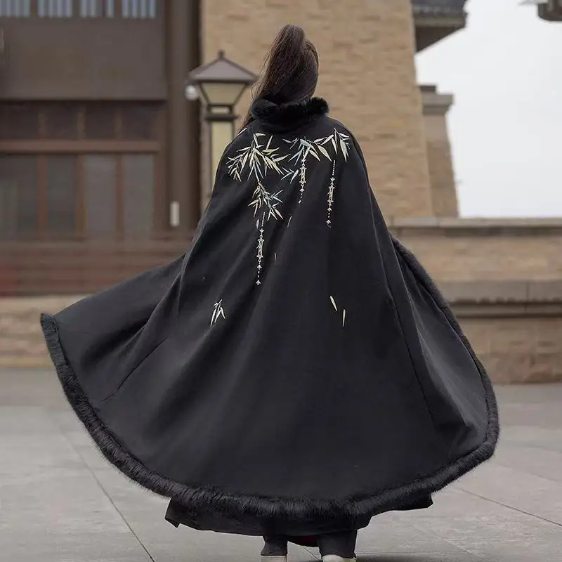 Thicken Velvet Ancient Martial Art Bamboo Embroidery Hanfu Cloak for Boys Men Carnival Cosplay Photos Wear Plush Collar