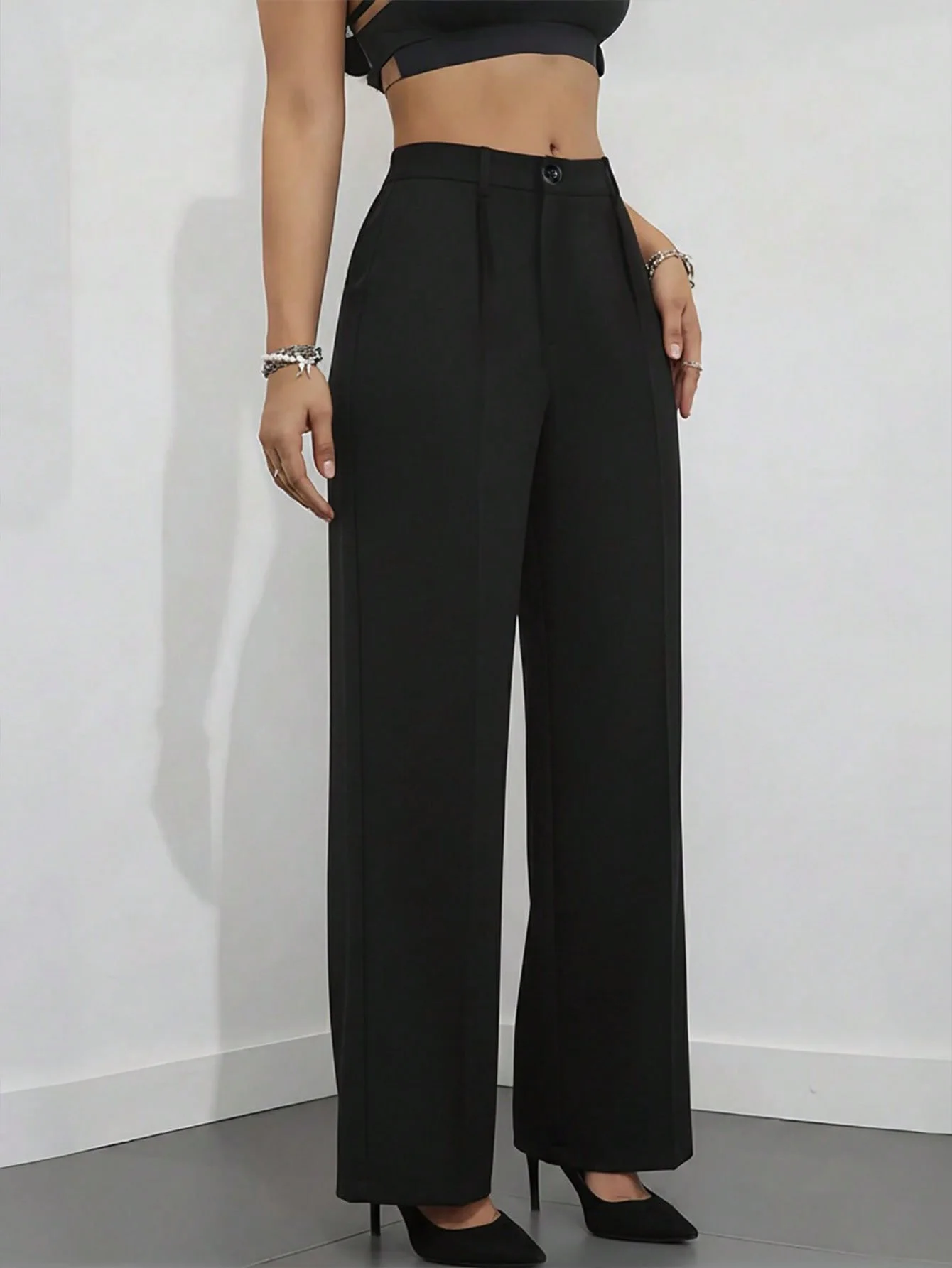 Pantalones de Vestir de Pierna Ancha y Cintura Alta para Mujer, con Detalle de Costura Frontal, Pierna Recta, para Oficina, Trabajo Formal, Traje Negro
