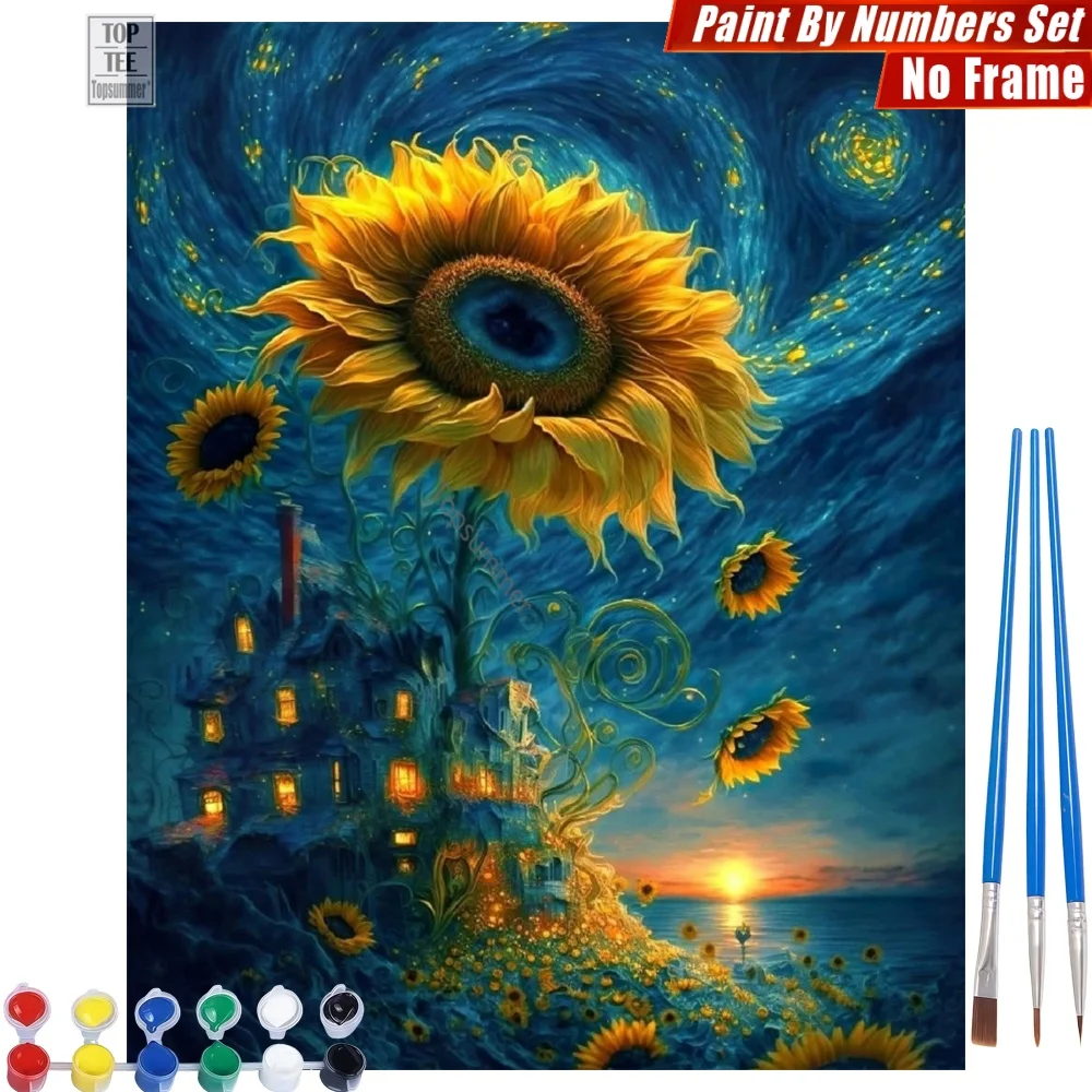 

Starry Giant Sunflower Digital Oil Paint Kit - Golden Swirling Nebulae Canvas Wall Art Halloween Gift For Dad