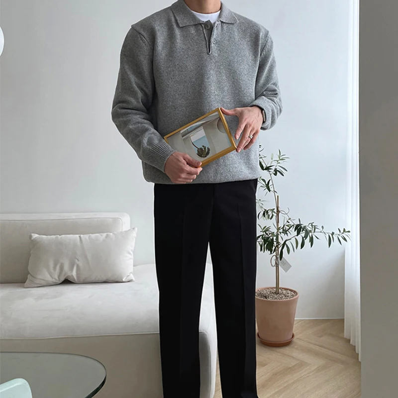 อินเทรนด์สีทึบเสื้อกันหนาวผู้ชายเสื้อโปโล 2025 ฤดูใบไม้ร่วงฤดูหนาวใหม่สบายๆแขนยาวถักจัมเปอร์ผู้ชายแฟชั่นเสื้อกันหนาว