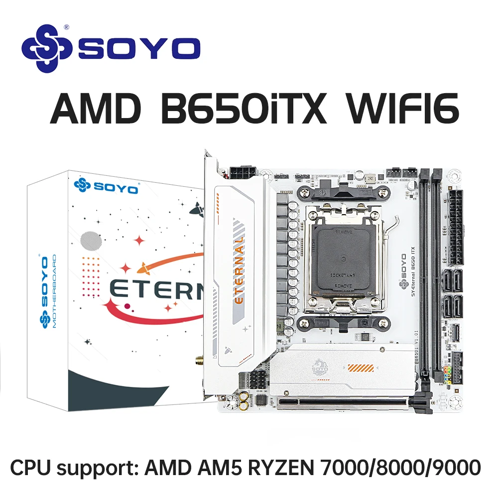 

B650ITX Материнская плата AMD AMD Ryzen AM5 DDR5 поддерживает процессор 7000 8000 9000, процессоры Pcie5.0x16 Pcie4.0x4 M.2 ARGB WIFI6 SOYO