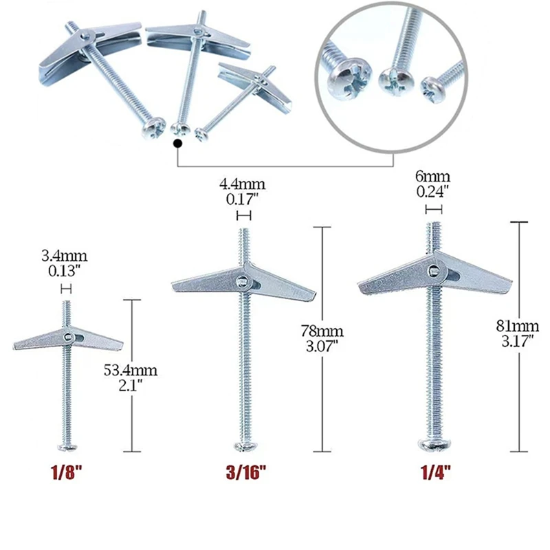 طقم مسامير وجناح مكون من 24 قطعة لتعليق الأشياء الثقيلة على الحوائط الجافة - 1/8 بوصة، 3/16 بوصة، 1/4 بوصة