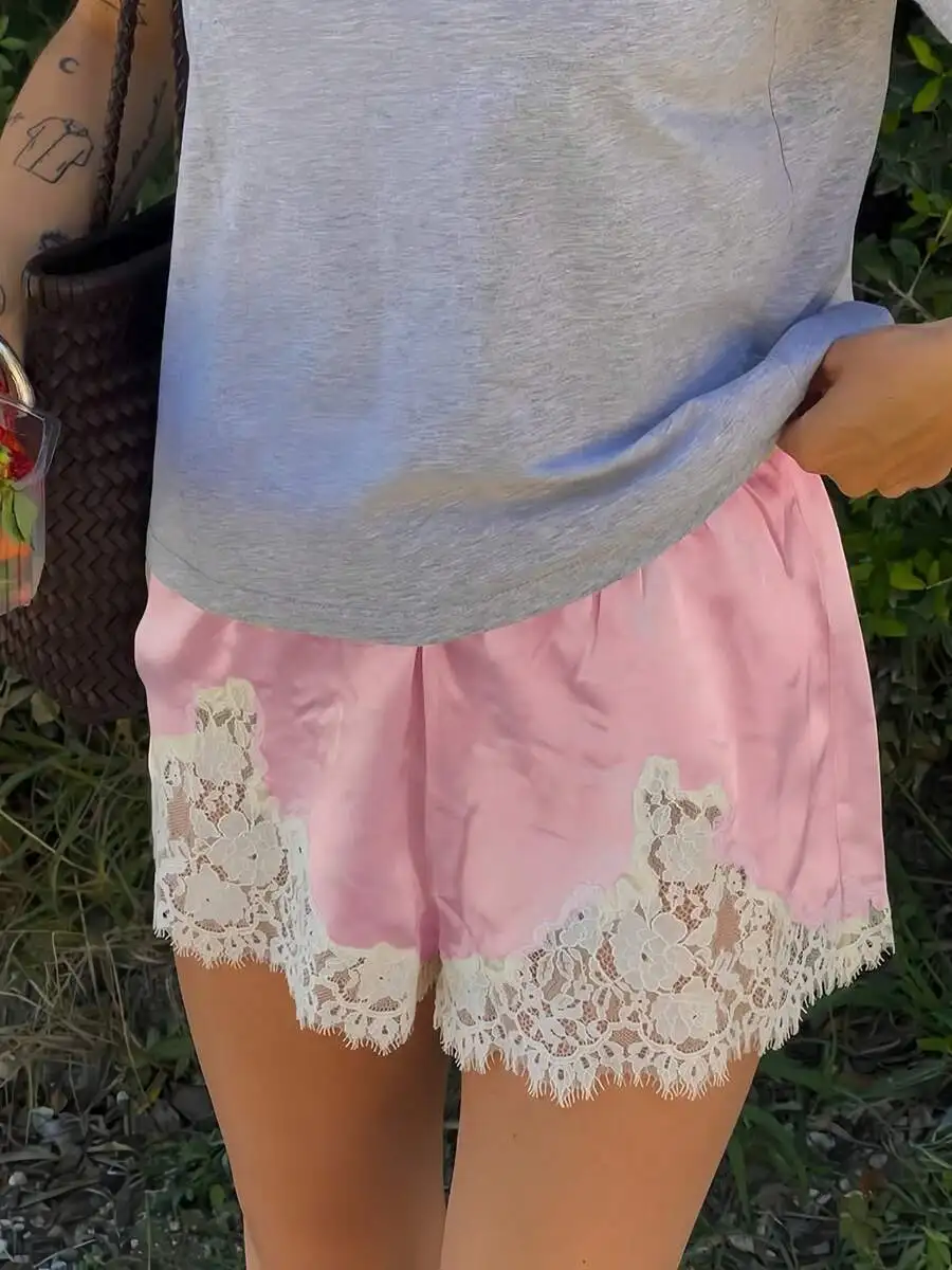 

Women Satin Lace Trim Mini Shorts Low Rise Lounge Slip Bottoms Y2k Summer Wide Leg