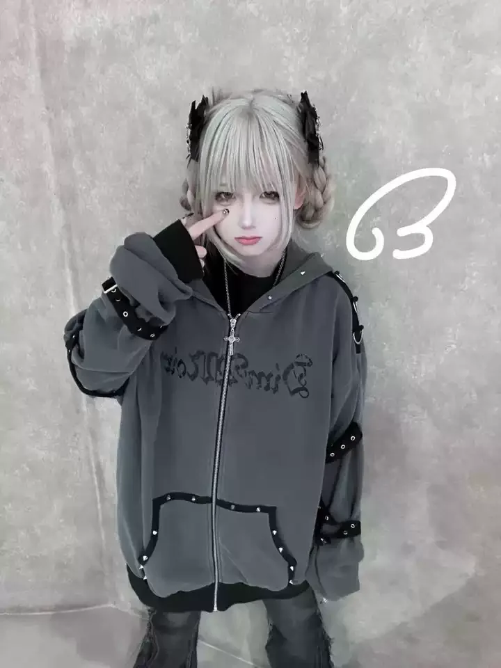 Sweat-shirt gothique foncé avec fermeture éclair pour femme, vêtement Punk, avec oreilles de chat, sous-culture, automne-hiver, Y2K, années 2000