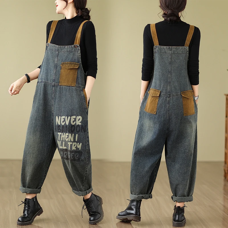 Loose Contrast Color Denim Women Playsuit Fashion Multi-pocket Patchwork Letter Print Casual Versatile Washed Female Jumpsuit