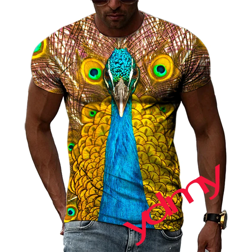 Tide Fashion Summer Peacock Picture Men's T-shirt Casual Print Tees Hip Hop Personality Round Neck Short Sleev Quick Drying Tops