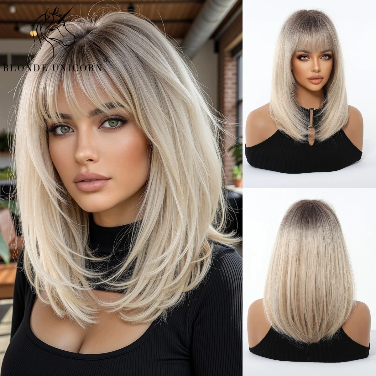 

Blonde Unicorn Blonde Ombre Long Straight Synthetic Wig for Women with Bangs Heat Resistant Hair for Women Daily Party Cosplay