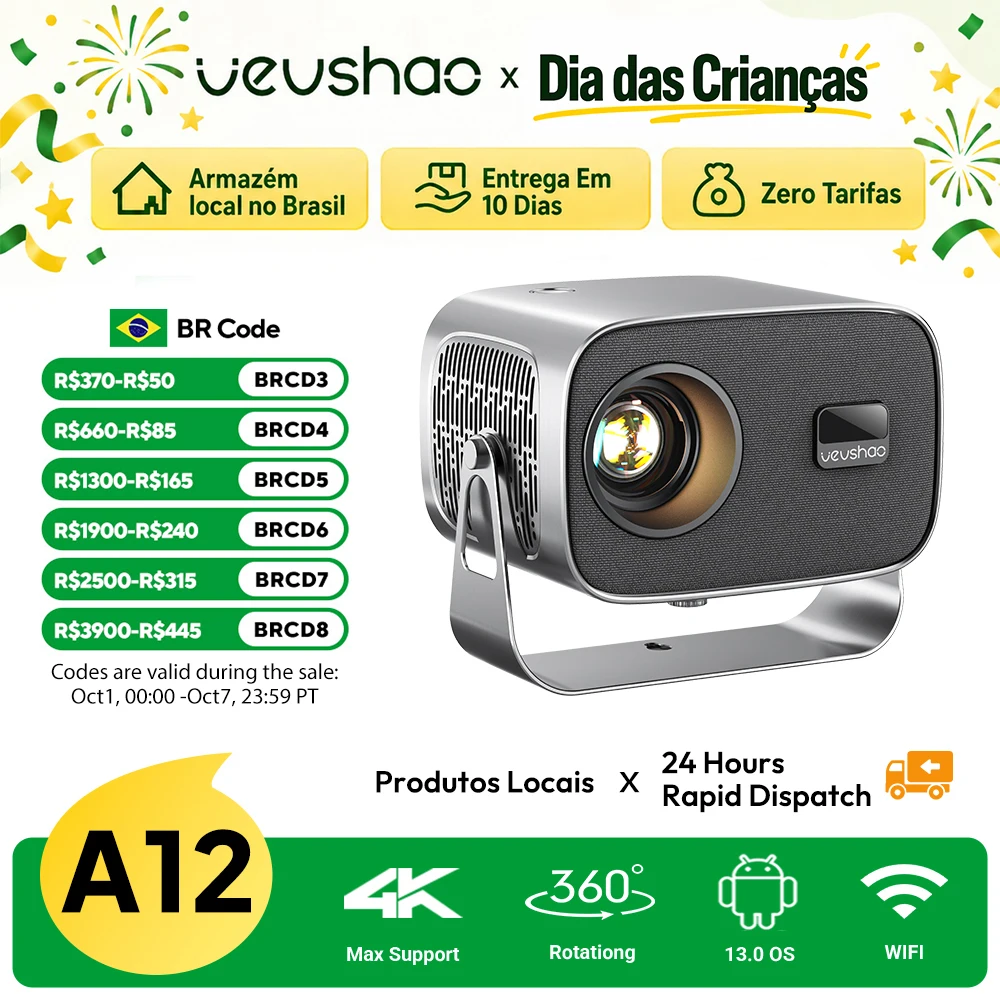 Projetor VEVSHAO A12 AirPin Miracast Foco Elétrico Android 13.0 Dual WiFi Bluetooth 5.2 Portátil 360 °   Cinema em Casa PTZ