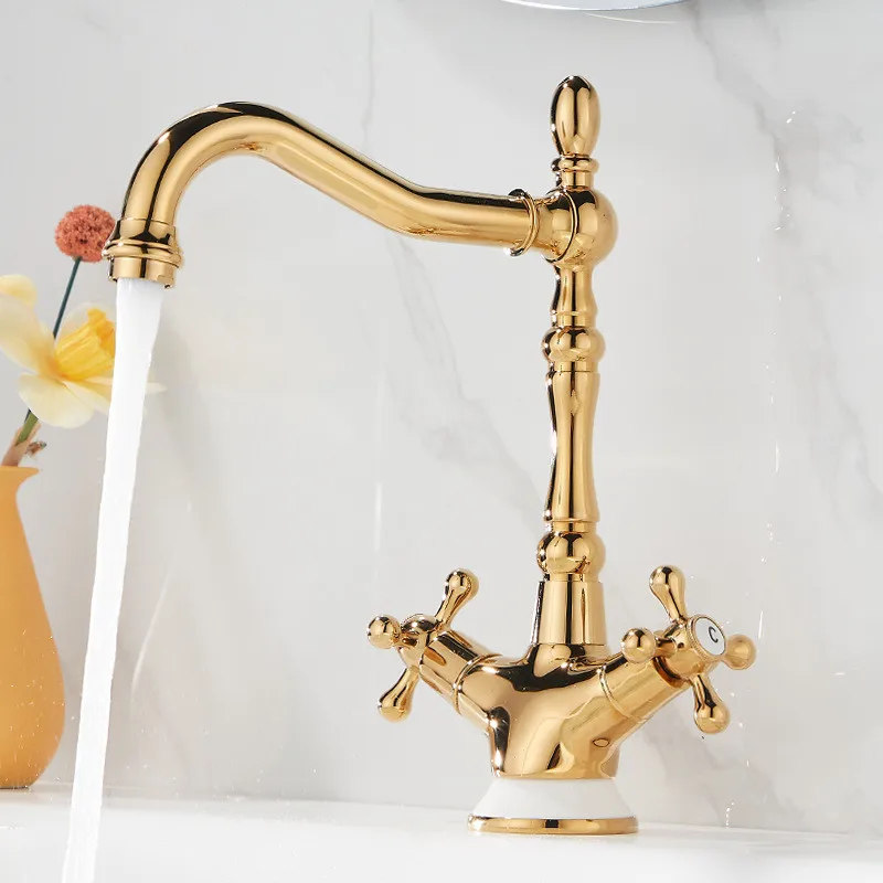 

Gold Bathroom Faucet Brass Ceramic Chrome Bathroom Basin Faucet Cold Hot Water Mixer Sink Tap Double Handle Deck Mounted Tap