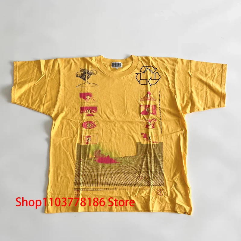 

Summer New Style Yellow CAVEMPT T-shirt Geometric Abstraction Pattern Letter Print Top Tee Men Women Loose C.E Short Sleeve